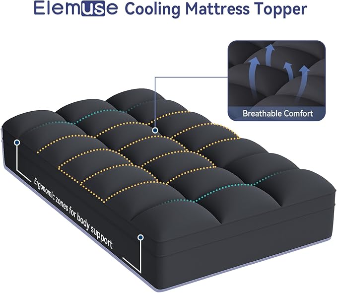 ELEMUSE Twin Black Mattress Topper for Back Pain, Extra Thick Mattress Pad Cover, Plush Soft Pillowtop with Elastic Deep Pocket, Overfilled Down Alternative Filling