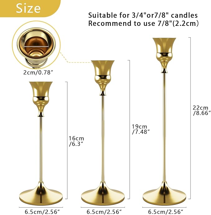 Candlestick Holders Gold, 3 Packs Taper Candle Holder for Candlesticks, Candle Sticks Holder Decor for Home Decor
