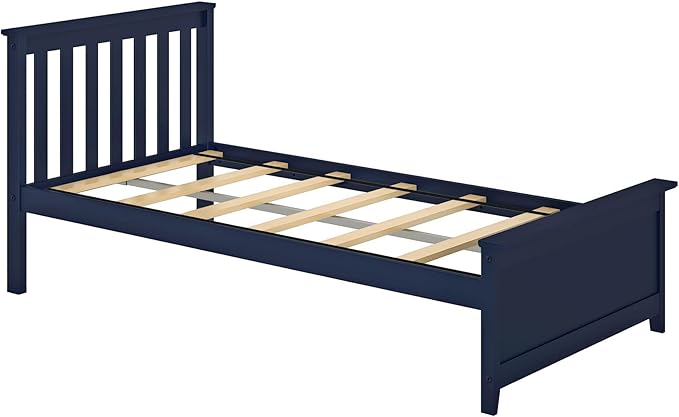 Max & Lily Twin Bed Frame with Slatted Headboard, Solid Wood Platform Bed for Kids, No Box Spring Needed, Easy Assembly, Blue