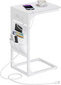 TUTOTAK C Shaped End Table with Charging Station, Side Table for Sofa, Couch Table with Storage Bag, TV Tray Table with 2 USB Ports and Outlets for Living Room, Bedroom, White TB01BW024
