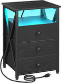 AMHANCIBLE LED Nightstand with Charging Station, Smart End Side Table with USB Port & Power Outlet, Bedside Table with Fabric Drawers for Bedroom, Living Room, Black, HET053LBK1