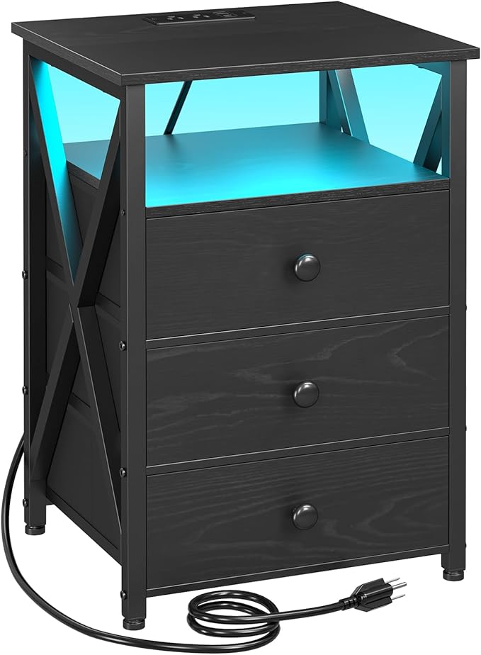 AMHANCIBLE LED Nightstand with Charging Station, Smart End Side Table with USB Port & Power Outlet, Bedside Table with Fabric Drawers for Bedroom, Living Room, Black, HET053LBK1