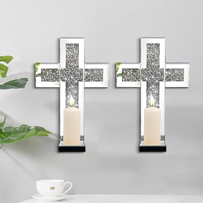 Crystal Crush Diamond Mirrored Candle Sconces, Silver Wall Candle Holder Set of 2, Wall Decoration for Living Room，Dining Room (Silver Cross)