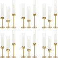 Glass Hurricane Candle Holders Set (18pcs)-Gold Metal Base Taper Candle Stick Holders for Candlesticks Holder Decor, Elegant Dining Table Centerpiece for Wedding, Christmas & Home Decor-Ribbed Glass