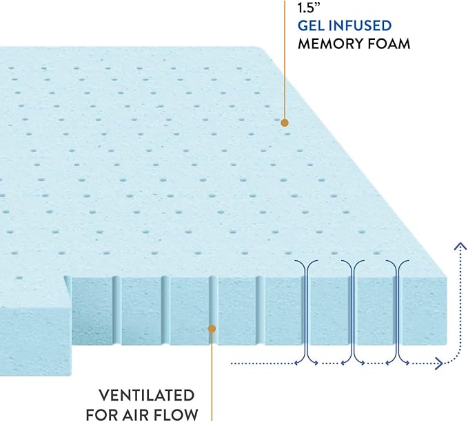 Best Price Mattress 1.5 Inch Ventilated Memory Foam Mattress Topper, Cooling Gel Infusion, CertiPUR-US Certified, Dorm Essentials, King