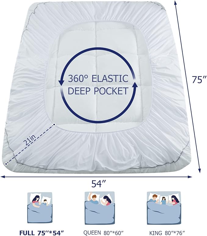 Marine Moon Extra Thick Cooling Plush Pillow Top Mattress Bed Topper, Fluffy Soft Mattress Pad, Hotel Quality Down Alternative Pillow Topper for Full Size Bed with Deep Pocket