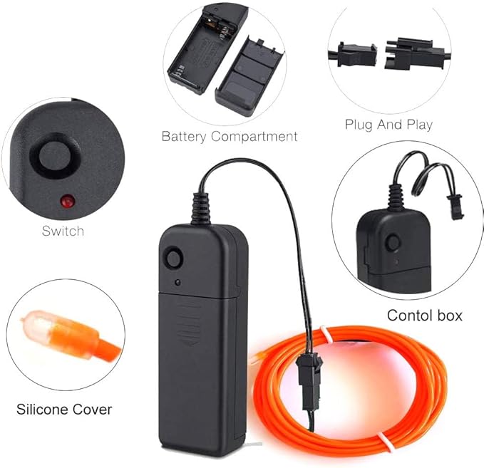 MaxLax EL Wire Orange, 2M Portable Battery Pack Neon Light Strip 360° Cuttable Glowing Rope Lights for Parties, Halloween, DIY Decoration