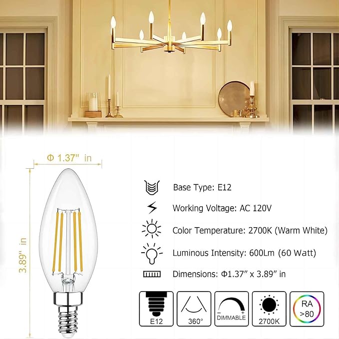 Cotanic LED Candelabra Bulb Dimmable 2700K Soft Warm White, E12 Small Base Type B Light Bulb 60W Equivalent, B11 Candle Light Bulb for Chandelier, Ceiling Fan Light Bulbs, 600LM, AC 120V, 12 Pack