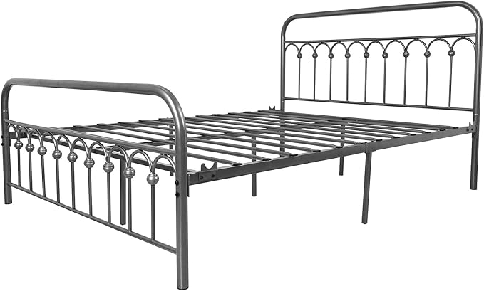 TUSEER Metal Bed Frame Queen Size with Vintage Headboard and Footboard Platform Base Wrought Iron Bed Frame Gray Silver (Queen, Gray Silver).