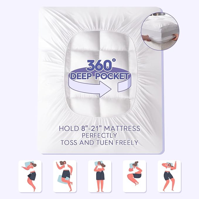 ABENE Full XL Size Mattress Topper for Back Pain Relief, Extra Thick Mattress Pad Pillowtop, Soft Plush Mattress Cover Bed Topper with Deep Pocket, Overfilled Down Alternative Filling, White
