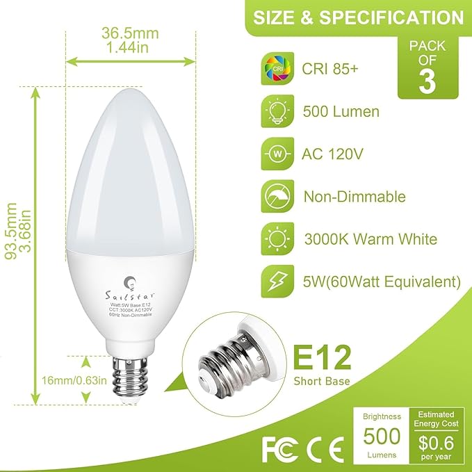 Sailstar Light Bulbs 60 Watt Equivalent, E12 Candelabra LED Light Bulbs,3000K White, 500LM Ceiling Fan Light Bulbs, B11 Type B Bulb, Small Base Chandelier Light Bulbs 5W, CRI 85, Non-dimmable,10 Pack