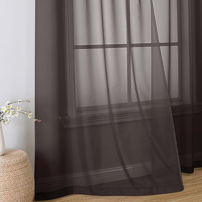 Aiyufeng Chocolate Sheer Curtains 45 Inches Long 2 Panels, Solid Voile Top Dual Rod Pockets Stylish Breathable Drapes Window Treatment for Kid's Room/Bedroom/Living Room, 42W x 45L, Chocolate Brown