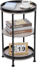 Dulcii Side Table, Round End Table with 3 Storage Shelves for Living Room, Bedroom, Nightstand with Steel Frame for Small Spaces, Industrial Round Sofa Table, Outdoor Accent Coffee Table, Oak