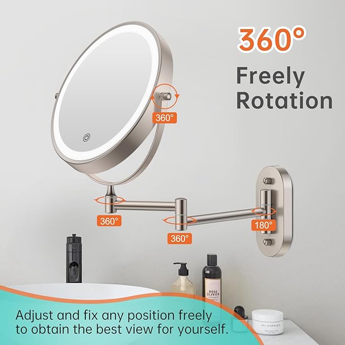 Rechargeable Wall Mounted Lighted Makeup Vanity Mirror 8 Inch Double Sided 1X 10X Magnifying Bathroom Mirror, 3 Color Lighting, Touch Screen Dimming, Extended Arm 360 Rotation Shaving Light up Mirror