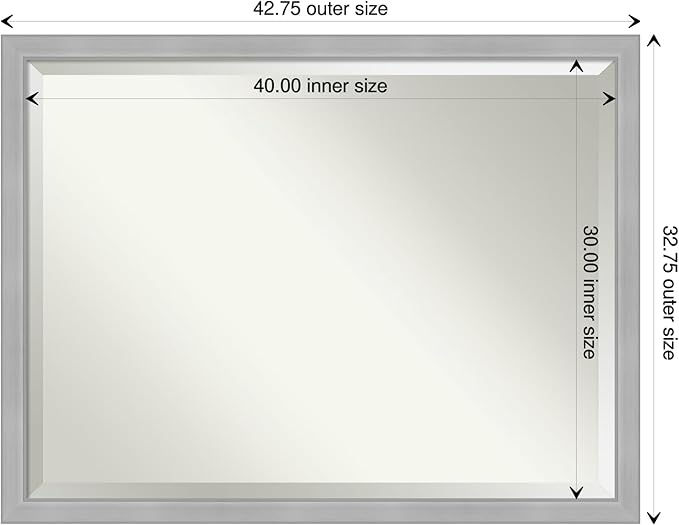 Amanti Art Silver Bathroom Mirror for Over Sink, 33x43 Vista Brushed Nickel Narrow Rectangle Vanity Mirror, X-Large Casual Frame, Hangs Horizonally and Vertically, Bathroom Wall Decor, Beveled Edge