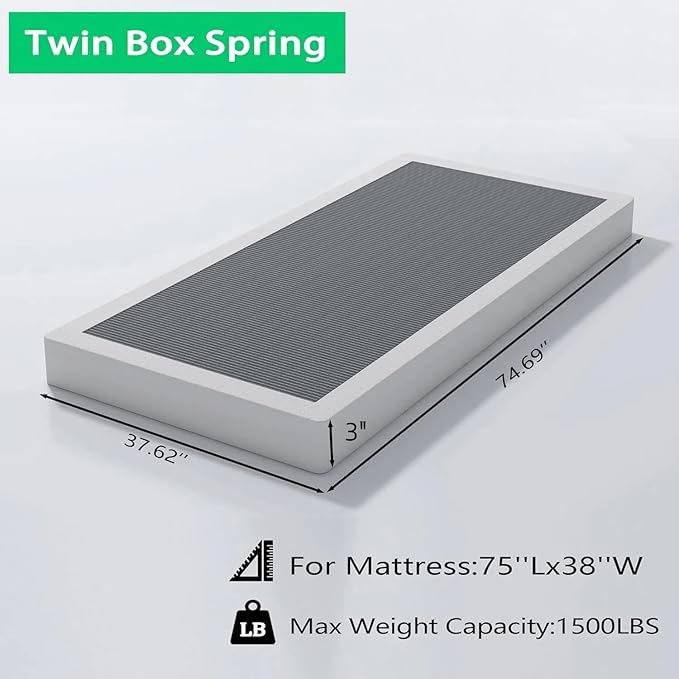 ALDRICH Low Profile Box Spring Twin Size,3 Inch Heavy Duty Metal Box Spring for Twin Bed,Mattress Foundation Non-Slip/No Noise/Easy Assembly (Twin)