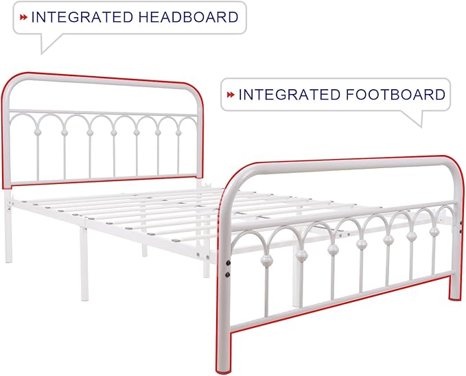 TUSEER Metal Bed Frame Full Size with Vintage Headboard and Footboard Platform Base Wrought Iron Bed Frame (Full, White)