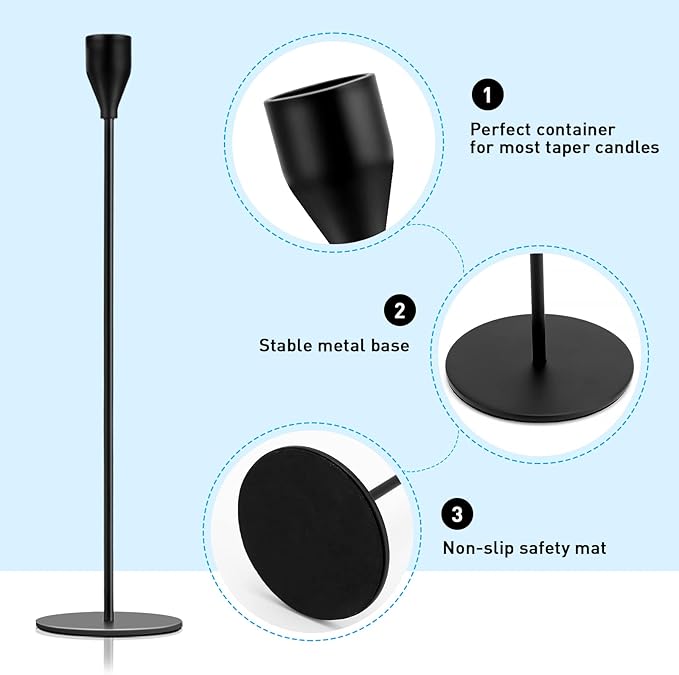 Black Candlestick Holder Set of 12 for Taper Candles, Decorative Candle Holders Bulk Candle Stick Holders Taper Candle Holders for Table Centerpiece Wedding Dinning Party Anniversary Home Decor