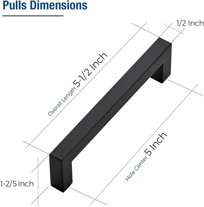 JOY DECOR 15 Pack Cabinet Handles, Black Cabinet Pulls, 5 Inch Kitchen Closet Handles Square Drawer Pulls Stainless Steel Drawer Hardware, 128mm Hole Centers