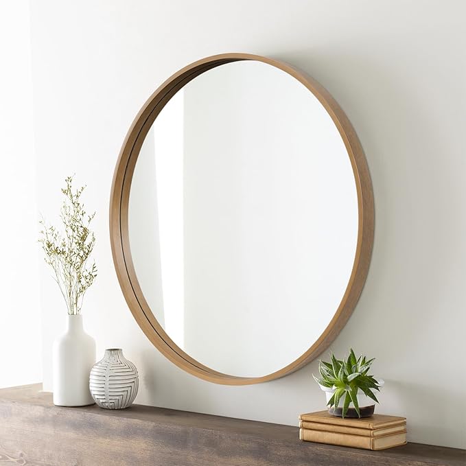 WallBeyond Round Wood Mirror 28" Circle Wall Mirror for Bathroom Round Wall Mirror for Wall Decor, Vanity, Entryway Living Room, Honey