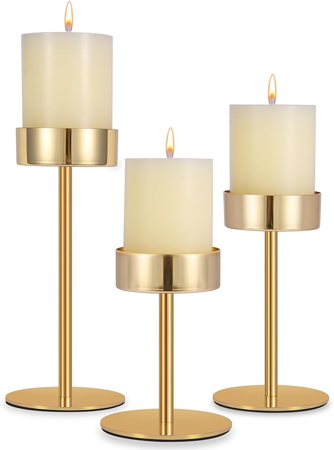 Pillar Candle Holders Set of 3, 3.15" Diameter Gold Metal Candlestick Holder for Pillar & Flameless Candles. Ideal Decoration for Table,Fireplace,Living,Dining Room,Perfect for Wedding,House Gift.
