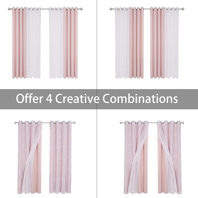BONZER Mix and Match Curtains - 2 Pieces Branch Print Sheer Curtains and 2 Pieces Blackout Curtains for Bedroom Living Room Grommet Window Drapes, 54x63 Inch/Panel, Blush, Set of 4 Panels