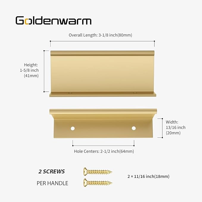 goldenwarm 5 Pack Gold Finger Edge Pulls Drawer Finger Pulls Champagne Gold Kitchen Hardware Handles Bedroom Dresser Drawers,2-1/2 in Hole Center