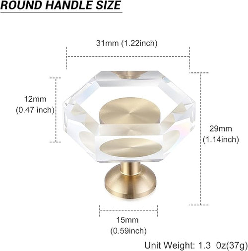 24-Pack Brass Base Crystal Drawer Knobs,Glass Crystal Gold Cabinet Knobs,1-5/16-Inch Hexagon,Kitchen Hardware Pulls, Modern Bathroom Hardware knob