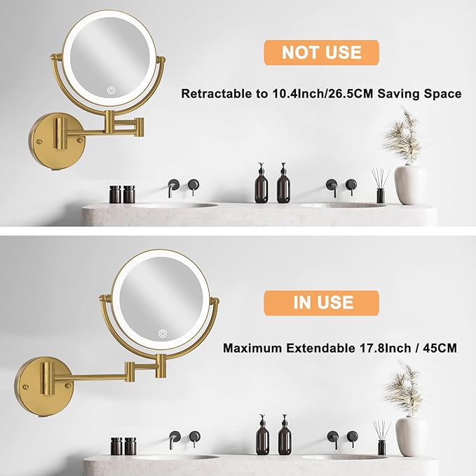 8" Wall Mounted Lighted Makeup Mirror with Magnification Rechargeable, 1X/10X Double Sided, 3 Color Lighting Touch Dimmable 360 Swivel Extendable Arm Vanity Shaving Mirror, Brushed Moderne Brass