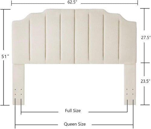 24KF Cream Teddy Fabric Tufted for Queen Upholstered Headboard, Modern Vertical Channel Design Full Headboard with Stepped Silhouette Top Edge, 6026-Q-Teddy Cream
