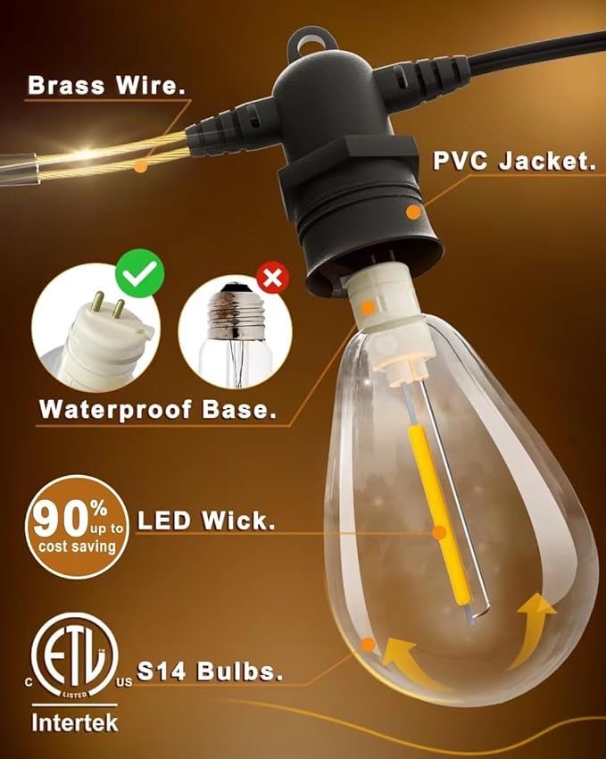 150FT LED Outdoor String Lights With 45 Edison Shatterproof IP65 Waterproof Bulbs, 2700K Dimmable Commercial Grade Patio Lighting, Heavy Duty Outside Hanging for Garden Porch Deck Decor