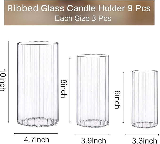 yshengood Glass Hurricane Candle Holder Ribbed Glass Candle Holder - Elegant & Easy to Use, Perfect for Wedding, Holiday, Party Decor, Home and Event Essential