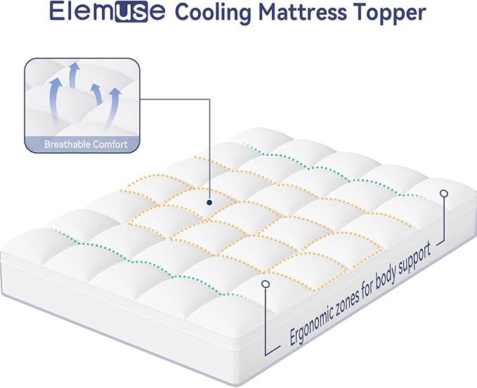 ELEMUSE Super/Olympic Queen Mattress Topper for Back Pain, Extra Thick Mattress Pad Cover, Plush Soft Pillowtop with Elastic Deep Pocket, Overfilled Down Alternative Filling