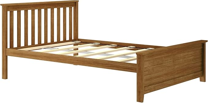 Max & Lily Full Size Bed Frame with Slatted Headboard, Solid Wood Platform Bed for Kids, No Box Spring Needed, Easy Assembly, Pecan