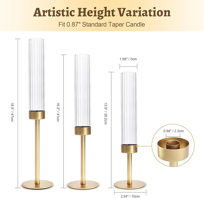 Gold Hurricane Glass Candle Holders: Cadhodenm Tall Glass Candlestick Holder for Wedding Set of 6 Brass Taper Candle Holders Modern Candle Sticks Holder for Table Centerpiece Party Holiday Decor