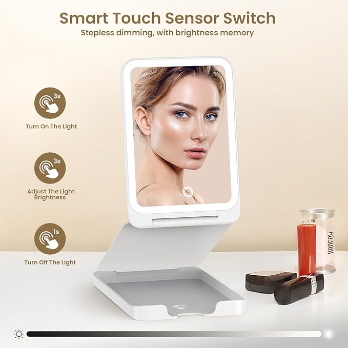 Travel Makeup Mirror with Lights, Foldable 1X Vanity Lighted Mirror with 10X Magnification, Rechargeable 1500mAh, Dimmable Touch Screen, Freely Adjust Height and Angle