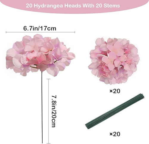 20 Pcs Pink Hydrangea Artificial Flowers Bulk, Faux Hydrangea Flowers Heads, Artificial Fake Silk Hydrangea Flowers with Stems, Pink Flowers Artificial for Decoration Wedding Décor