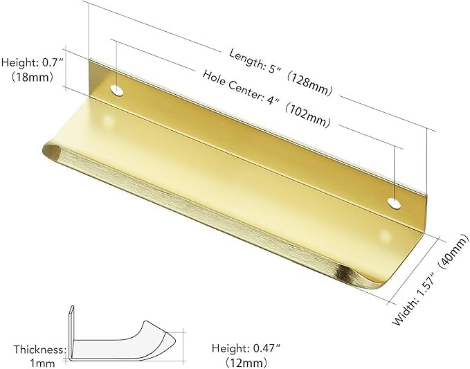Ravinte Hardware 12 Pack Gold Cabinet Handles, 5 Inch (128mm) Finger Edge Pulls, 4 Inch Hole Center, Finger Pulls for Cabinets