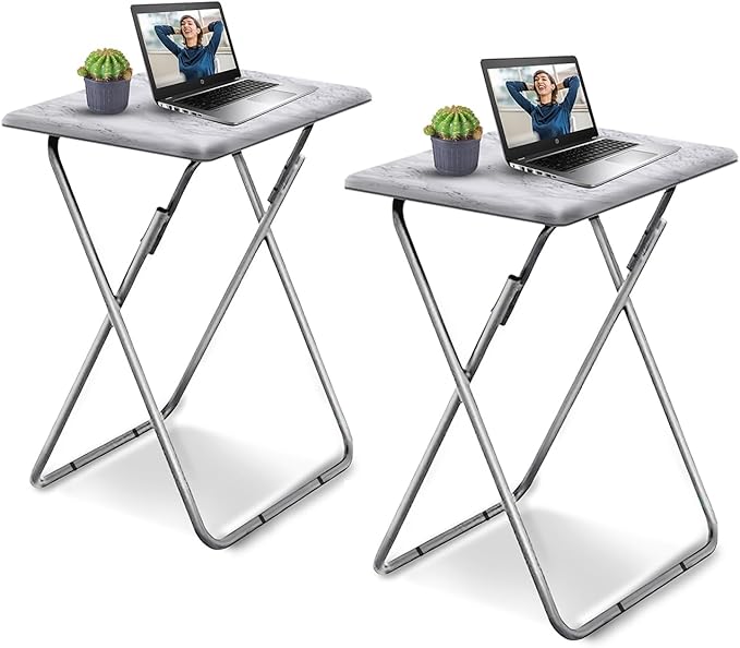 Garden 4 You TV Tray Table, Folding Dinner Tray With No Assembly Required, Sturdy Foldable Snack Eating Table for Living Room, 2PCS (White Marble)
