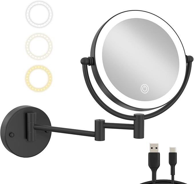Brushed Brass Lighted Wall Mounted Mirror Magnifying 1×10×, 8-Inch Rechargeable Double Sided, Touch Dimmable Extended Arm 360 Rotation Cosmetic Mirror for Bathroom, Matt Black