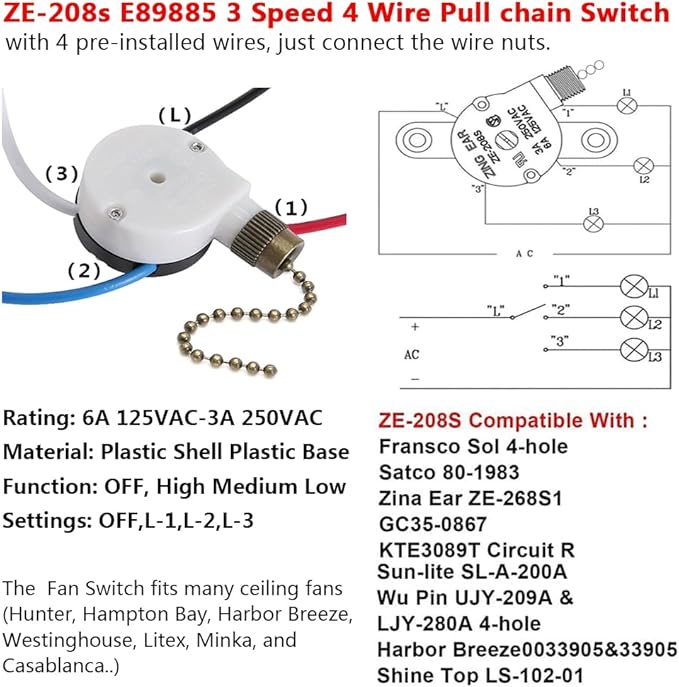 Ceiling Fan Switch Zing Ear ZE-208s E89885 3 Speed 4 Wire Pull Chain Switch Fan Light Switch Replacement Part with 4 Pre-Installed Wires(Bronze Chain)