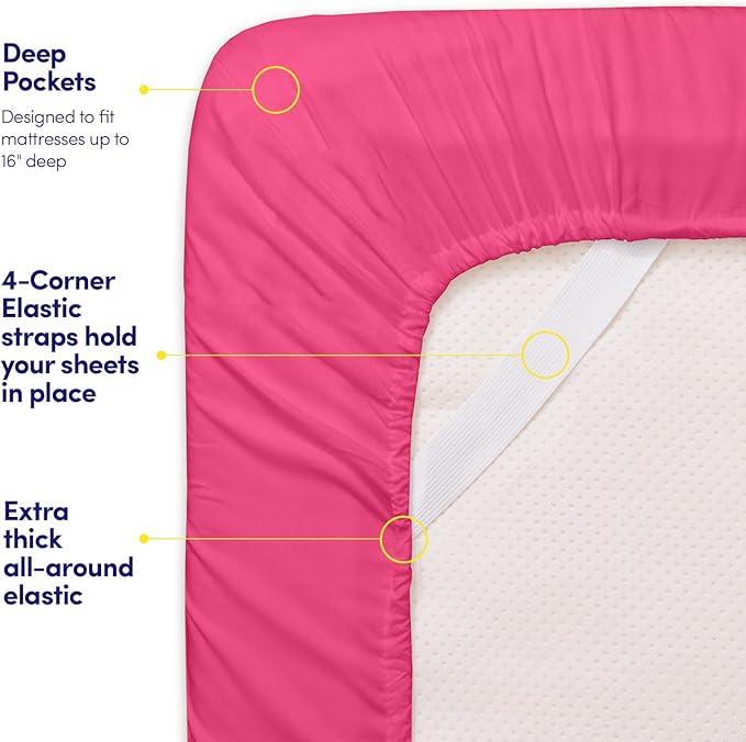 Sweet Home Collection Twin Size Sheet Set with Built-in Sheet Straps - Deep Pocket Fitted Sheet, Flat Sheet & Pillowcases - Soft, Wrinkle-Free, Secure Fit - Fuschia
