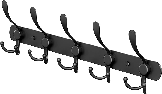 Coat Rack Wall Mount with 5 Tri Hooks, Stainless Steel 16 Inch – Black Matte Finish, Heavy Duty Wall Mounted Hook Rack for Coats, Hats, Towels, Scarfs, Robes, Bags, Entryway & Bathroom