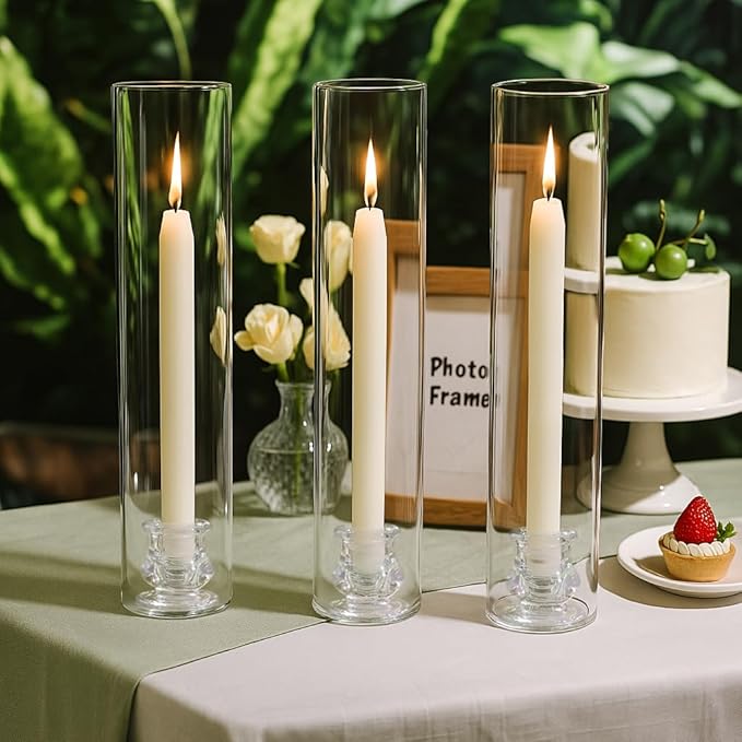 Hurricane Glass Candle Holders, Set of 10 Candlestick Holders for Taper Candle with 11.8" Tall Windproof Cylinder Covers Candle Stand Bulk for Table Centerpieces on Wedding Birthday Housewarming Decor
