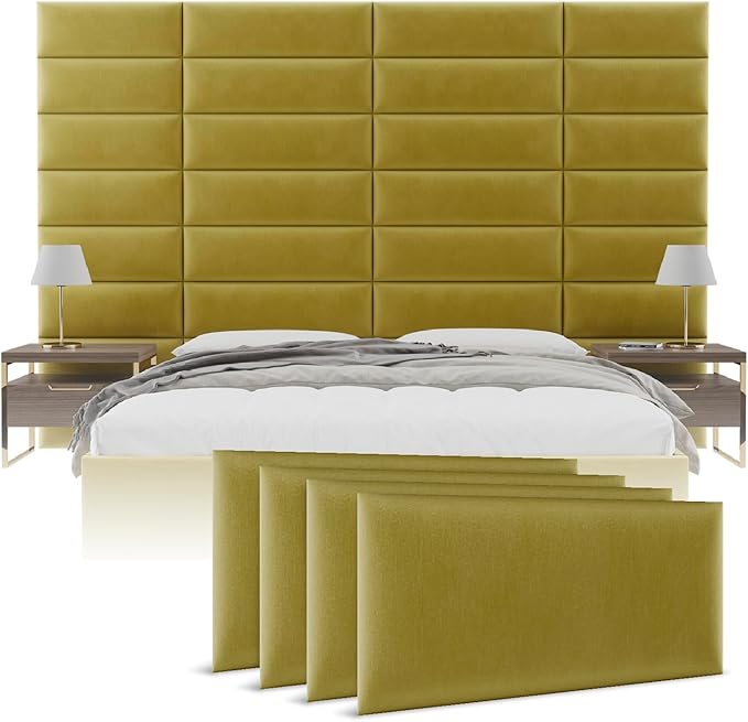 Vänt Upholstered Wall Panels - King/Cal King Size Wall Mounted Velvet Headboards - Velvet Olive Moss - Twin/King - Set of 4 Panels (Each Individual Panel 39"x11.5")