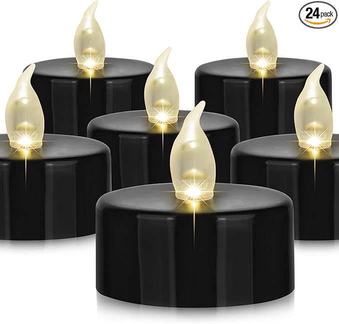 Battery Operated LED Tea Lights: 24PACK Flameless Votive Candles Lamp Realistic and Bright Flickering Holiday Gift Long Lasting 200Hours for Seasonal & Festival Celebration Black