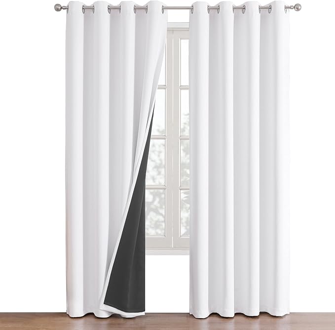 ChrisDowa White 100% Blackout Curtains for Bedroom with Black Liner, 2 Thick Layers Total Blackout Thermal Insulated Grommet Window Curtains 2 Panels Set (Pure White, 52 x 72 Inch)