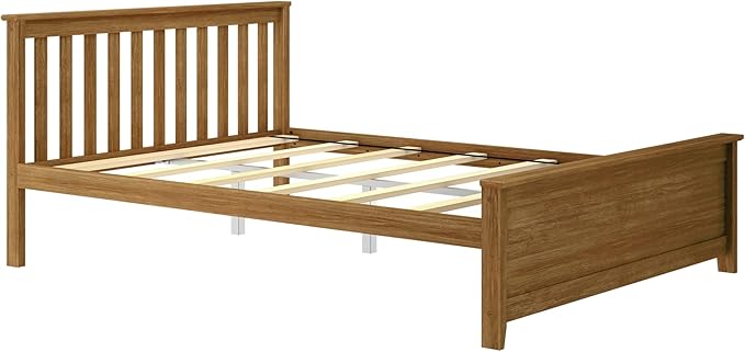 Max & Lily Queen Bed Frame with Slatted Headboard, Solid Wood Platform Bed for Kids, No Box Spring Needed, Easy Assembly, Pecan