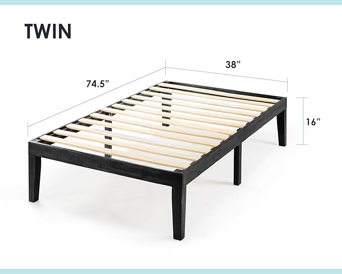 Mellow Naturalista Classic 16 Inch Solid Wood Platform Bed with Wooden Slats, Black, Twin