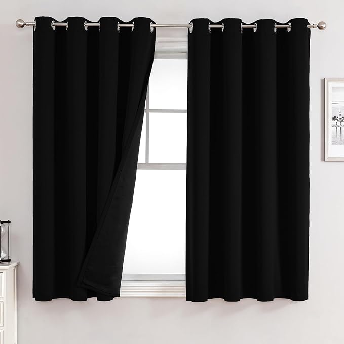 ChrisDowa 100% Blackout Curtains for Bedroom with Black Liner, 2 Thick Layers Total Blackout Thermal Insulated Grommet Window Curtains 2 Panels Set (Black, 52 x 54 Inch)